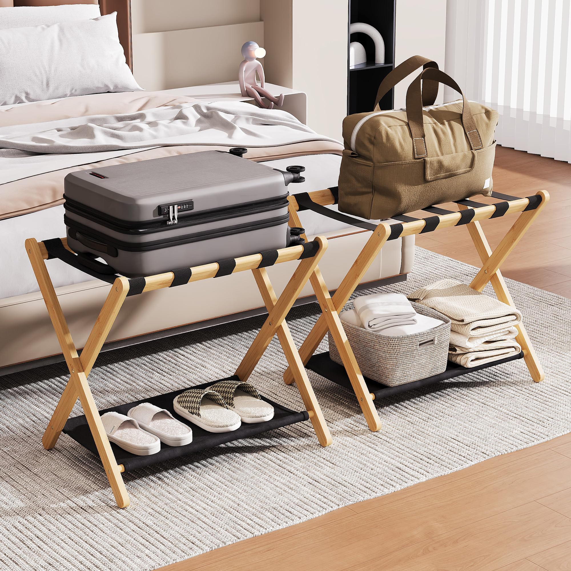 Oakvora full-assembled luggage rack offers a spacious surface for large suitcases.
