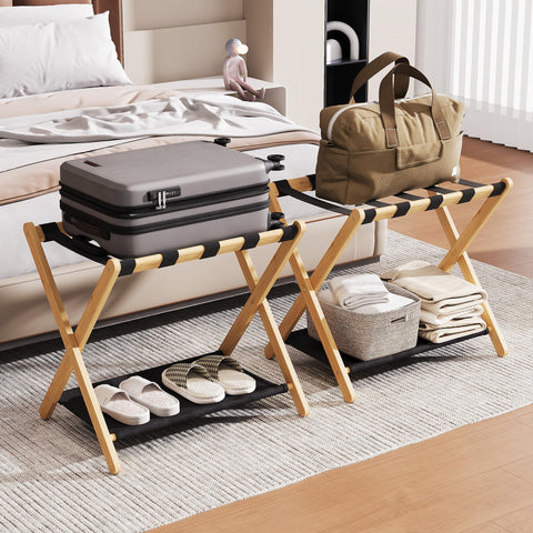 Oakvora full-assembled luggage rack offers a spacious surface for large suitcases.