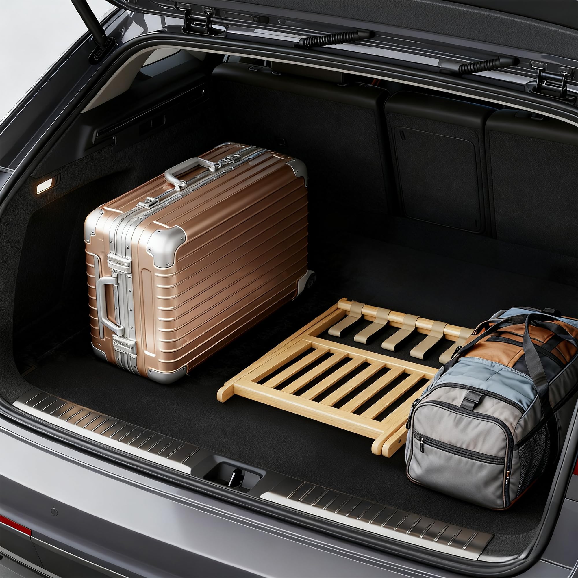 Oakvora minimalist natural finish luggage rack blends with decor