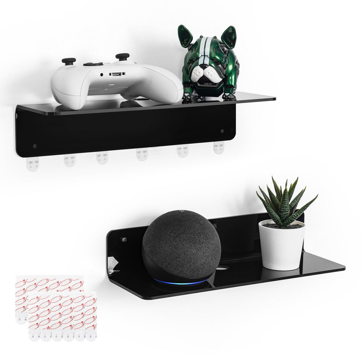 OAPRIRE black acrylic floating shelves 2-pack mounted on wall for sleek, space-saving storage.