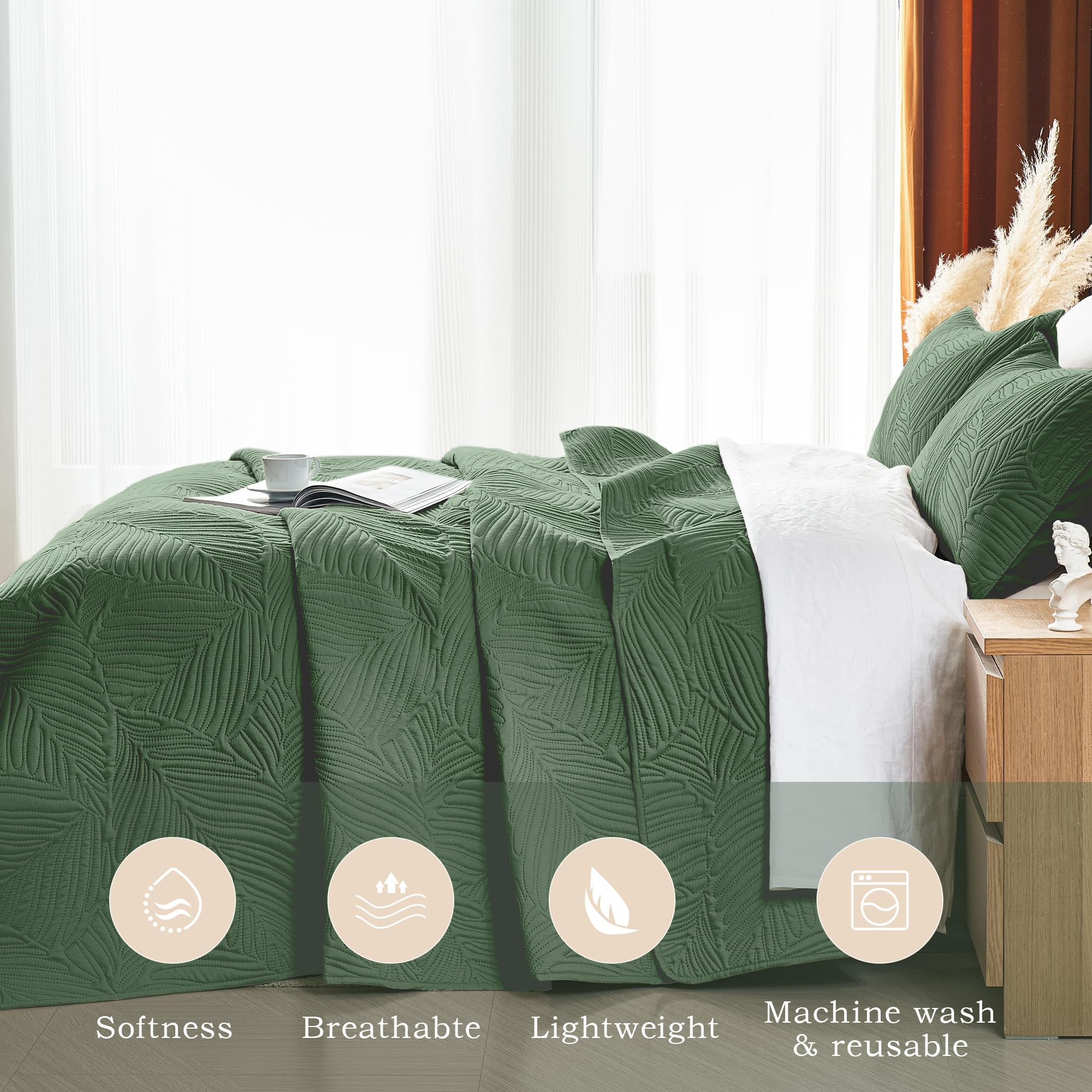 OARAGE bed setup with olive green quilt highlights lightweight warmth