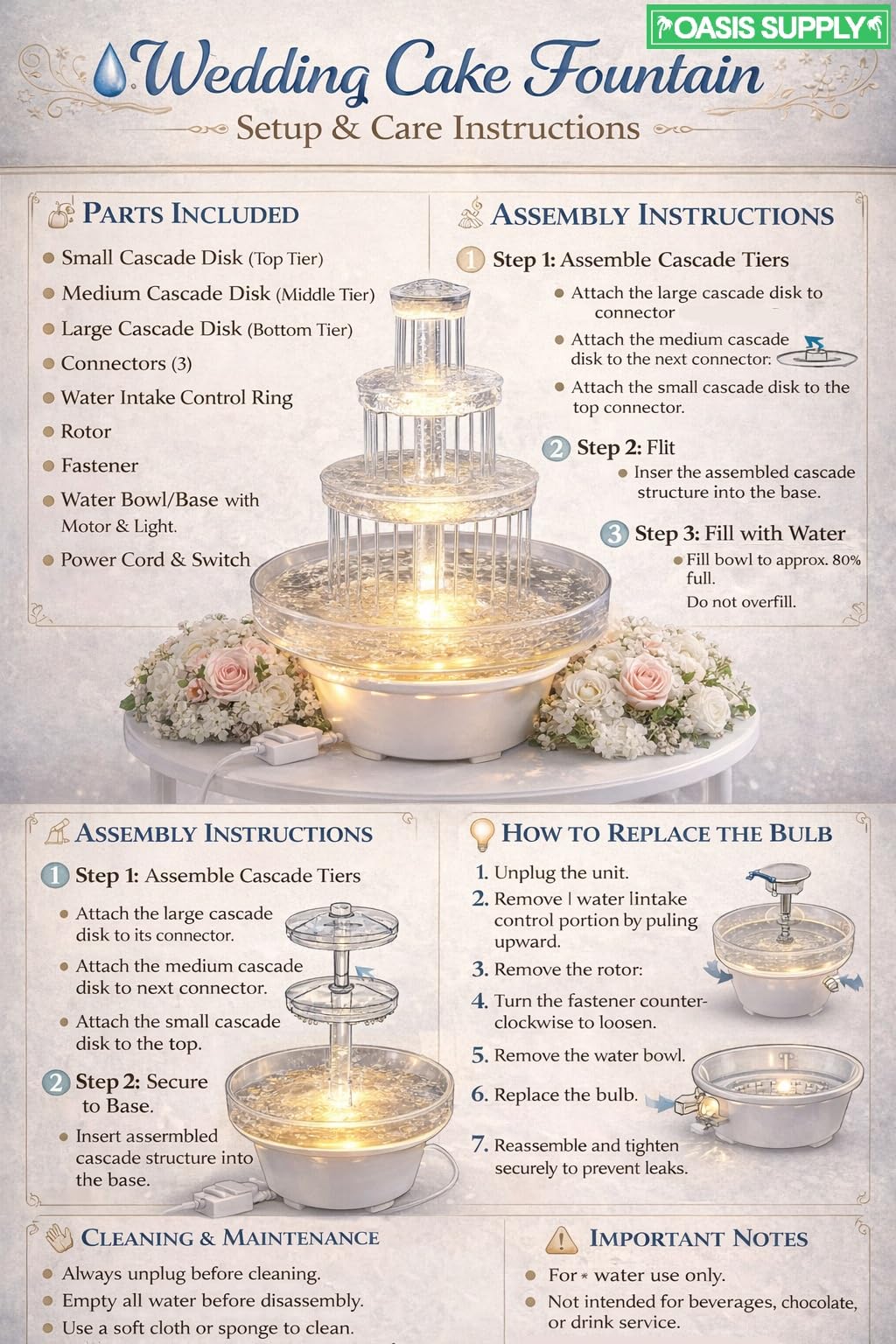 Oasis Supply clear 3-tier fountain highlights cascading water for elegant reception decor.