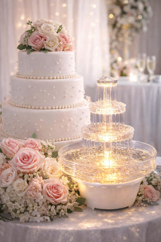 Oasis Supply plug-in wedding fountain with built-in lamp for steady illumination.