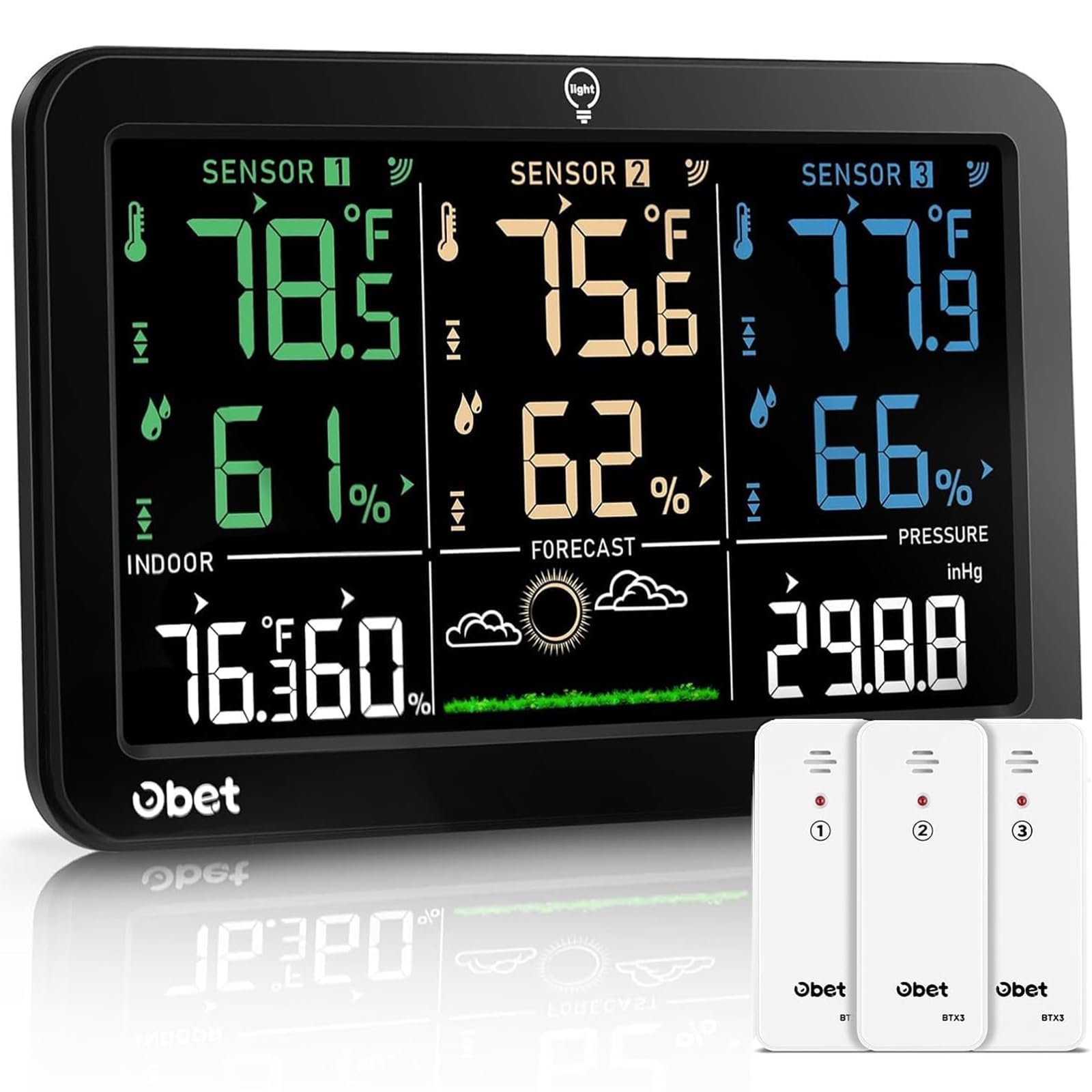 OBET Weather Station color display shows indoor and outdoor temperature and humidity at a glance.