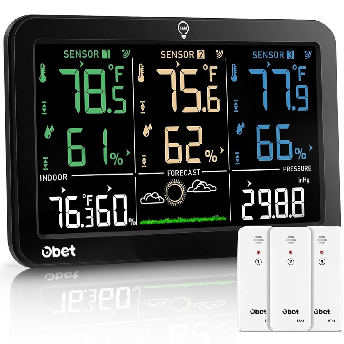 OBET Weather Station color display shows indoor and outdoor temperature and humidity at a glance.