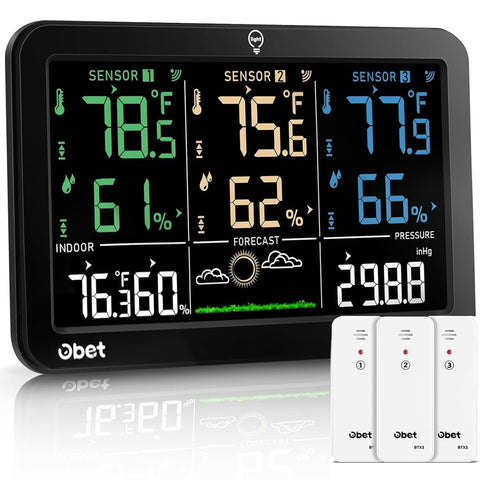 OBET Weather Station color display shows indoor and outdoor temperature and humidity at a glance.