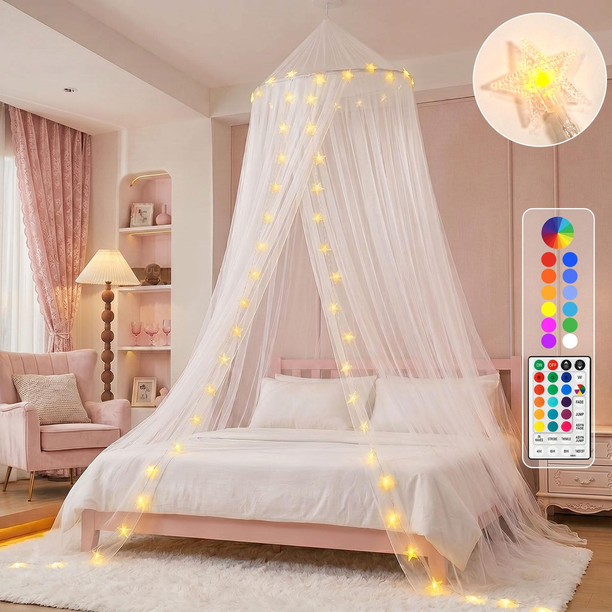 Obrecis bed canopy with LED stars creates magical bedtime ambiance for kids