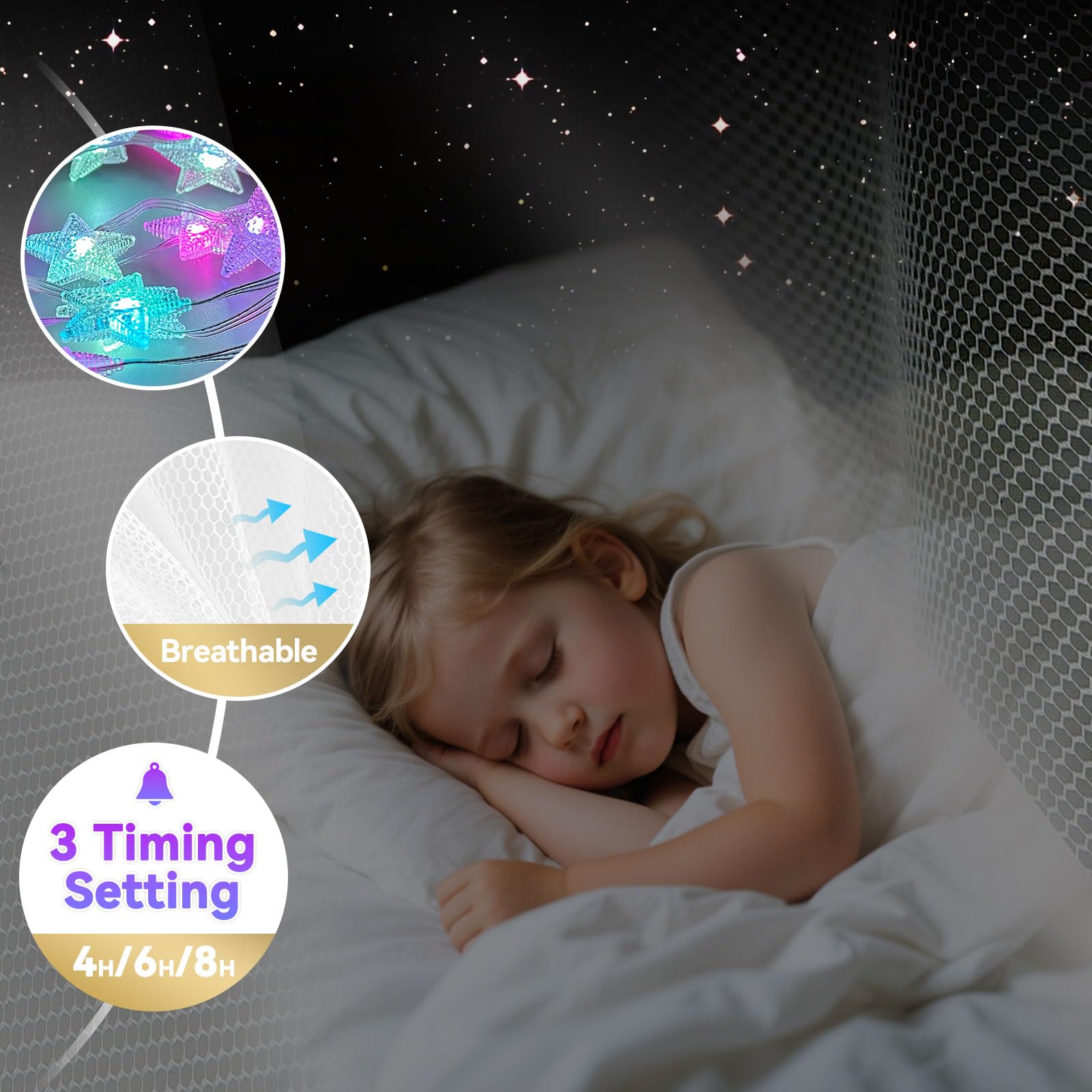 Obrecis bed canopy twinkle multicolor lights glow softly for cozy nights