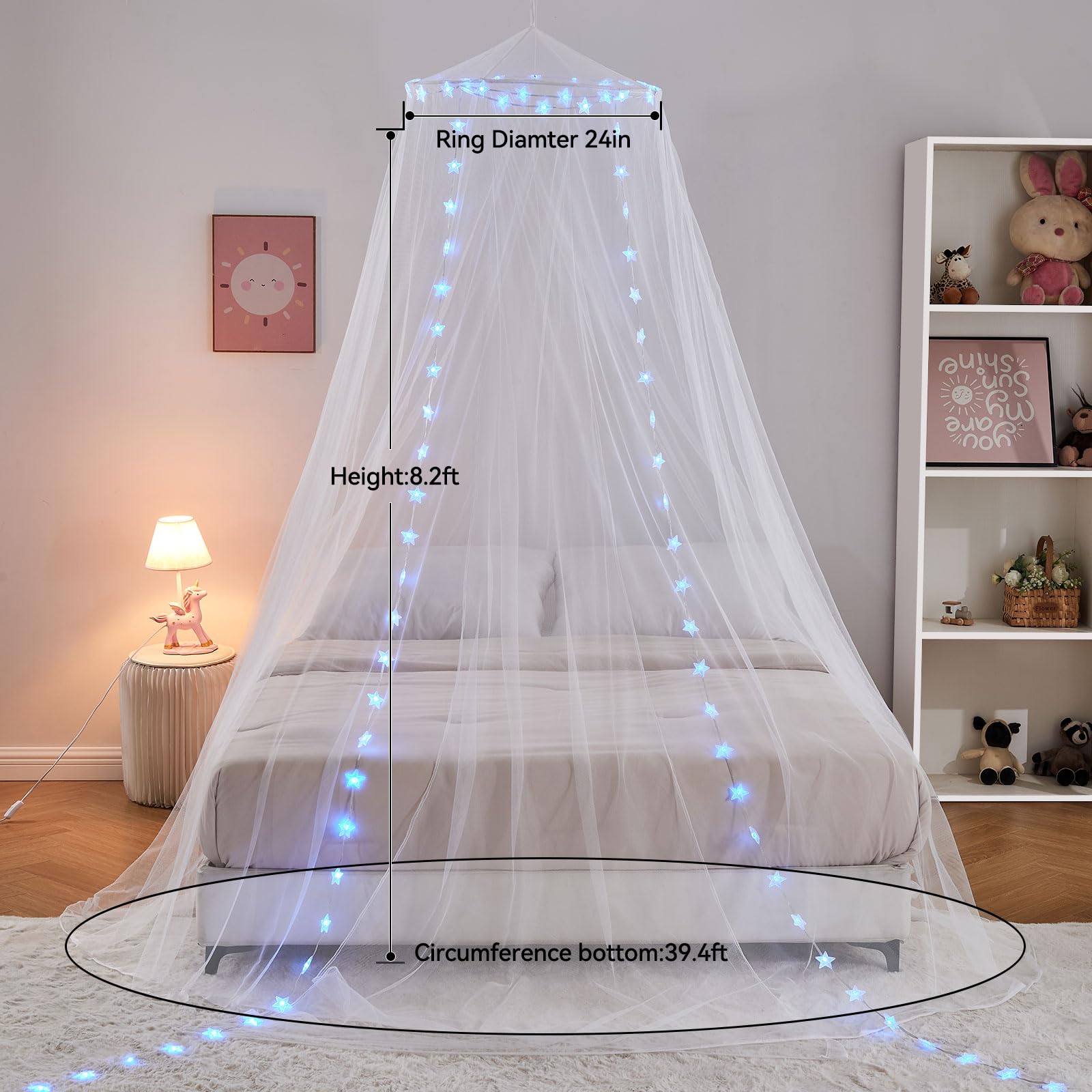 Obrecis princess bed canopy adds decorative ambient lighting to stylish bedrooms