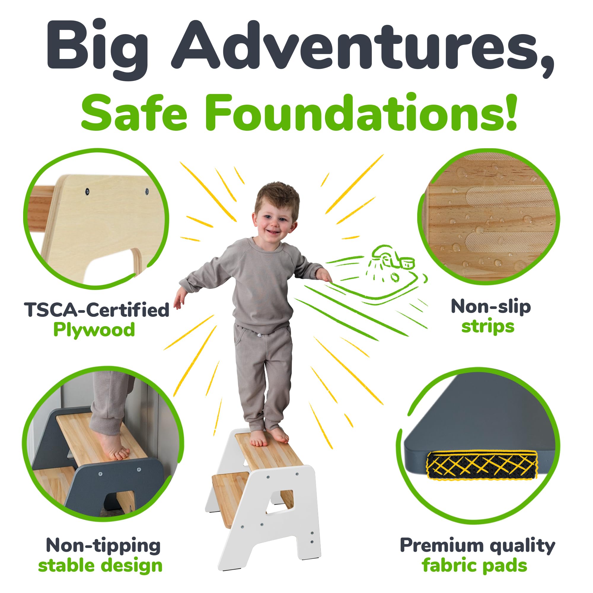 OCODILE 2-Step Stool with a non-slip base ensures safe footing on tile or wood floors.