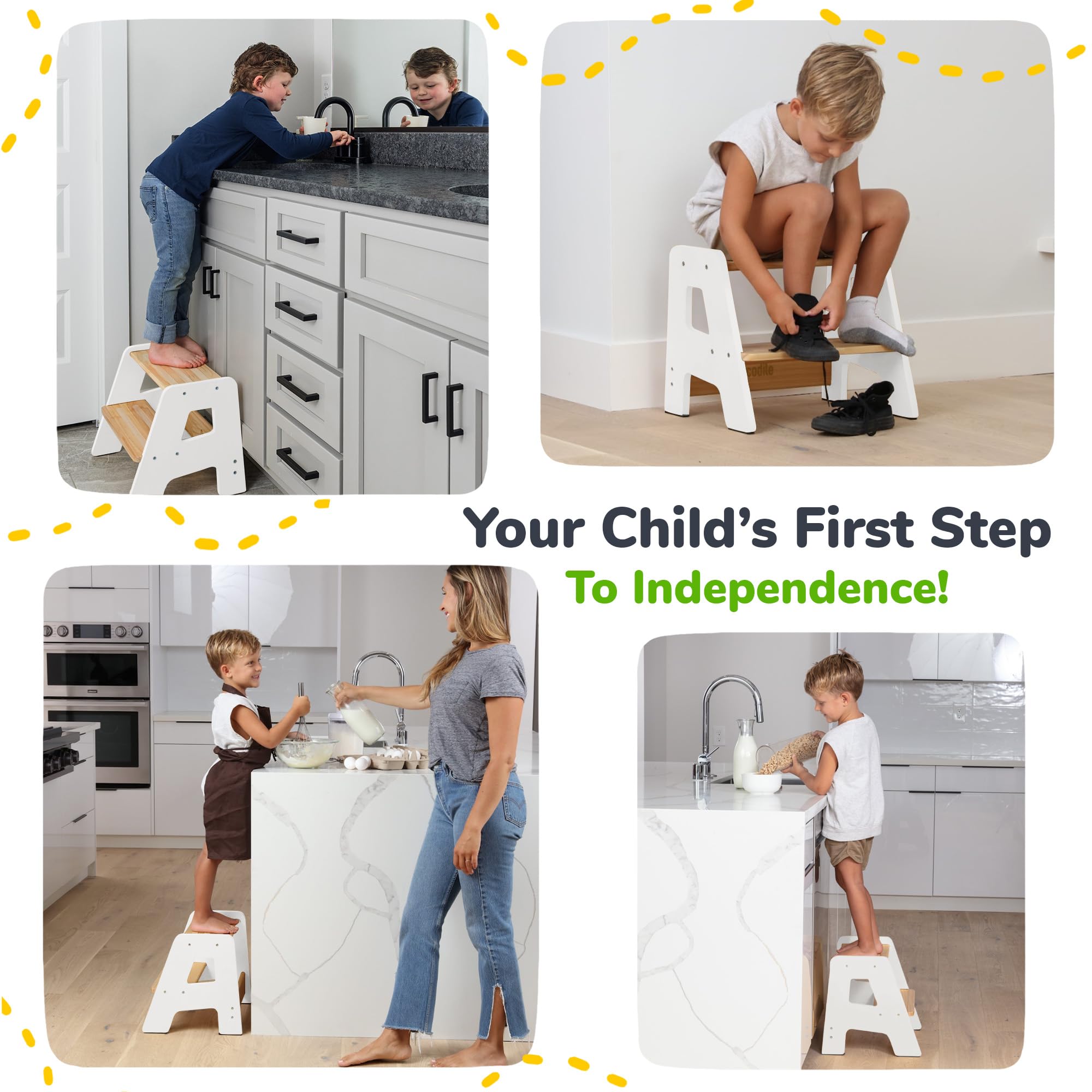OCODILE 2-Step Stool features sealed wood to resist bathroom moisture.