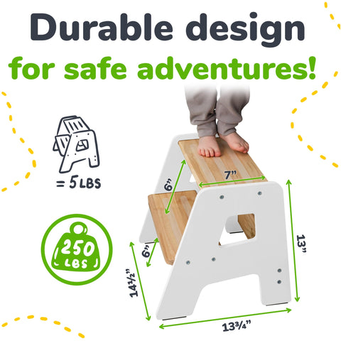 OCODILE 2-Step Stool helps toddlers reach kitchen counters for brushing teeth.