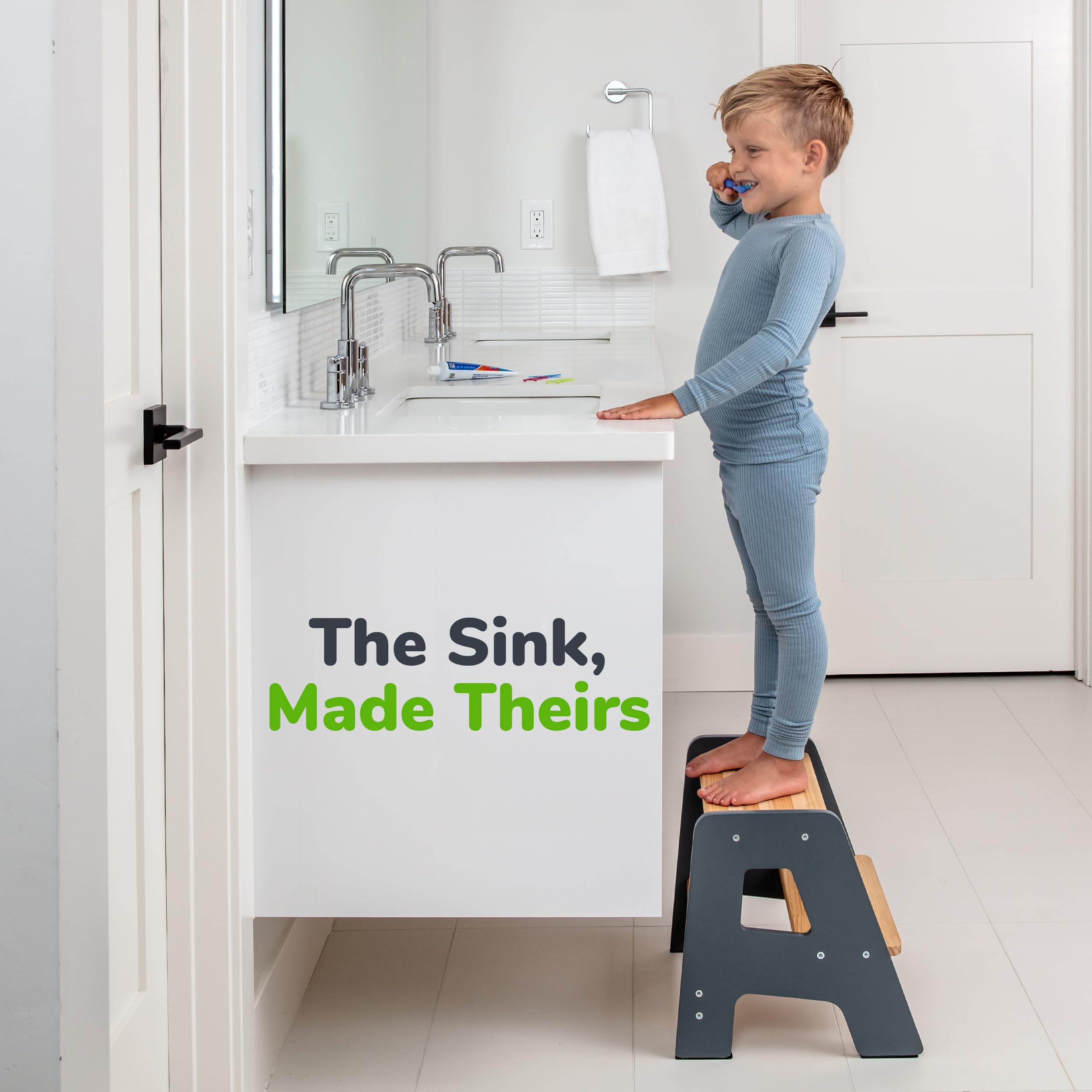 OCODILE 2-Step Stool fits indoor spaces with a sleek gray finish.