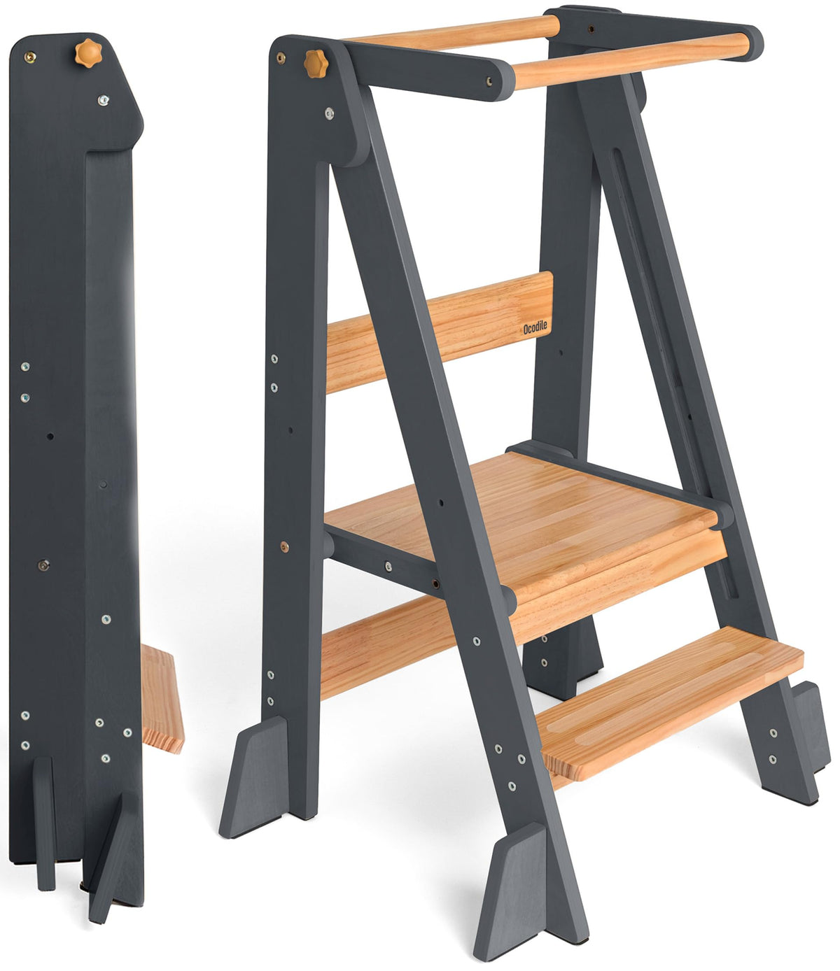 OCODILE adjustable folding toddler tower folding mechanism for easy storage and quick setup