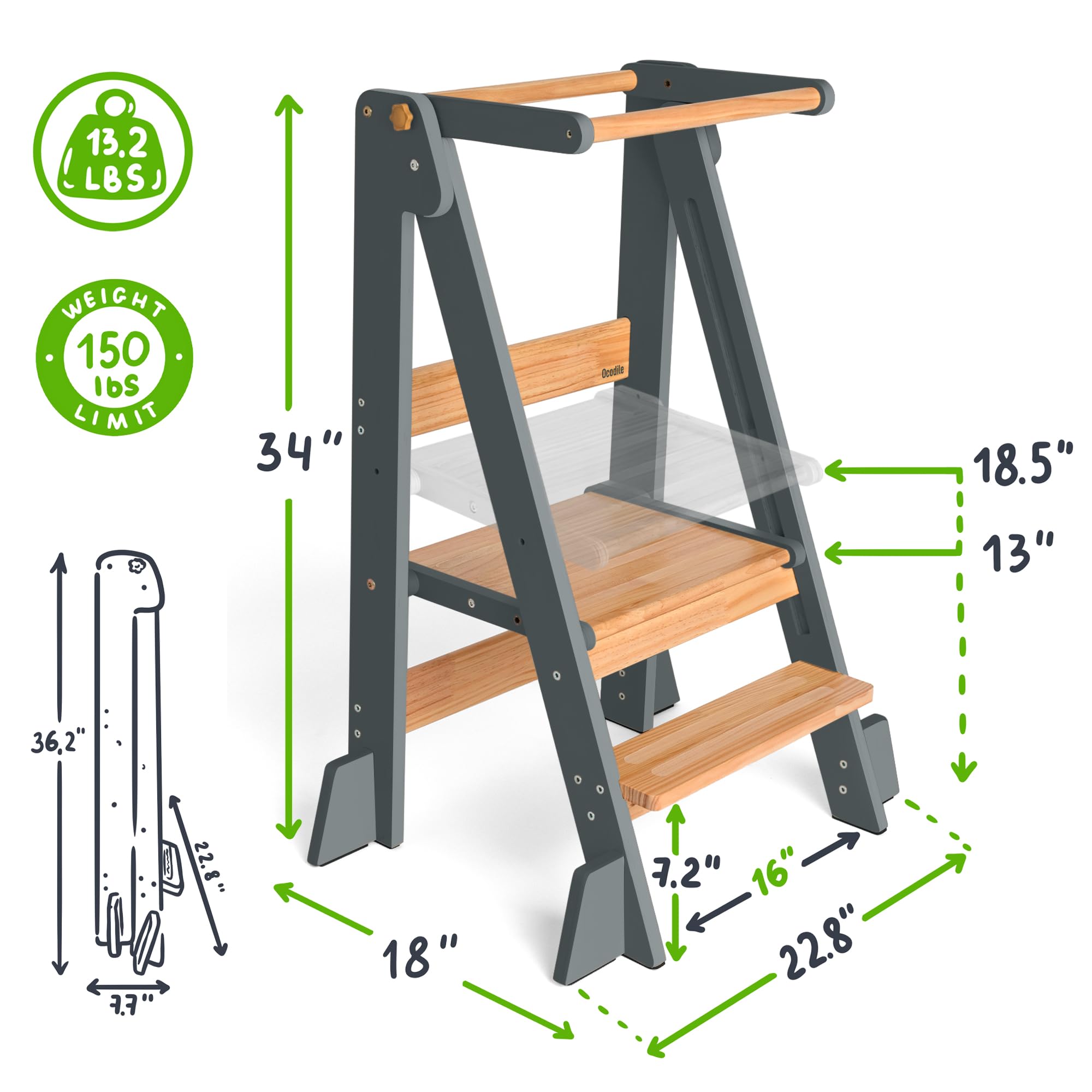 OCODILE toddler tower in use at kitchen counter encourages independent helping