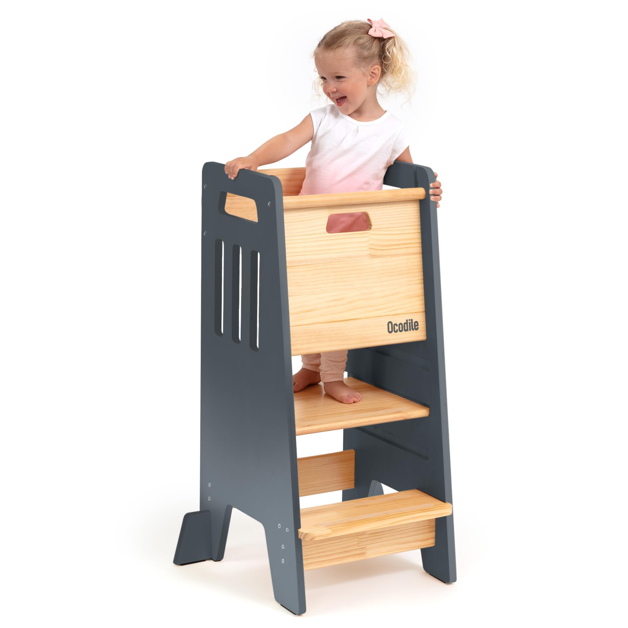 OCODILE Toddler Tower with Sliding Door enables safe entry for kids in the kitchen.