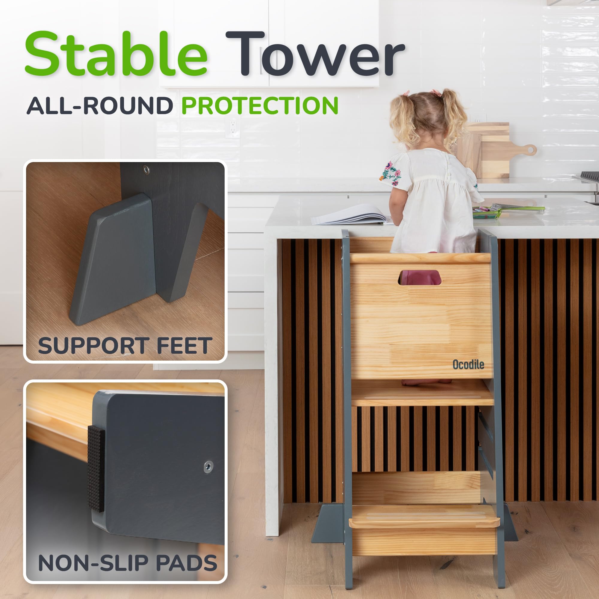 OCODILE Toddler Tower wide base provides stability during busy kitchen moments.