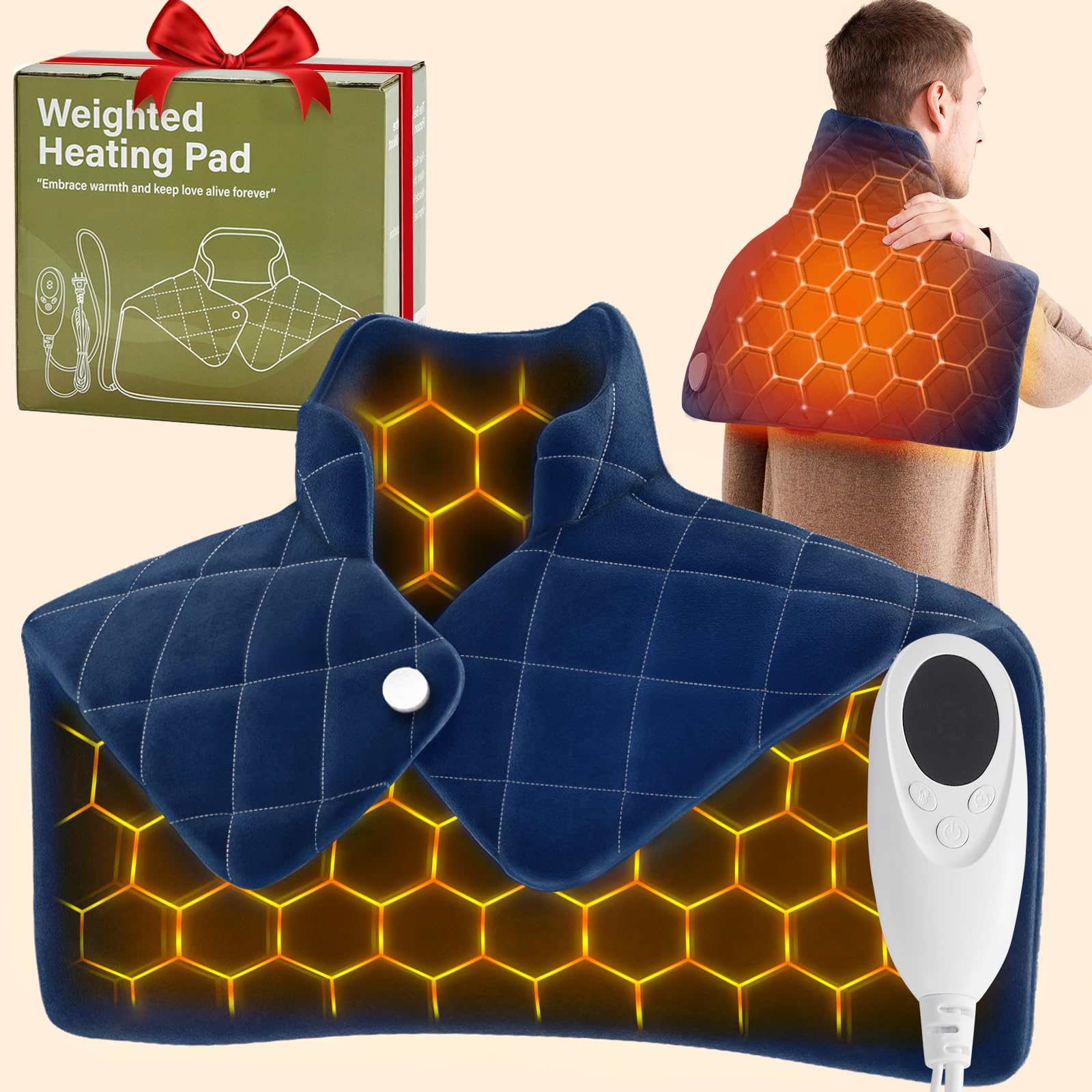 OCTROT blue weighted heating pad on neck and shoulders, targeted warmth for tense muscles