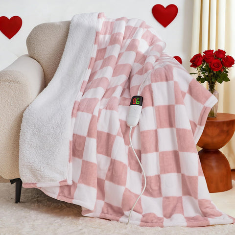 OCTROT light pink heated blanket with soft sherpa for cozy lounging warmth.