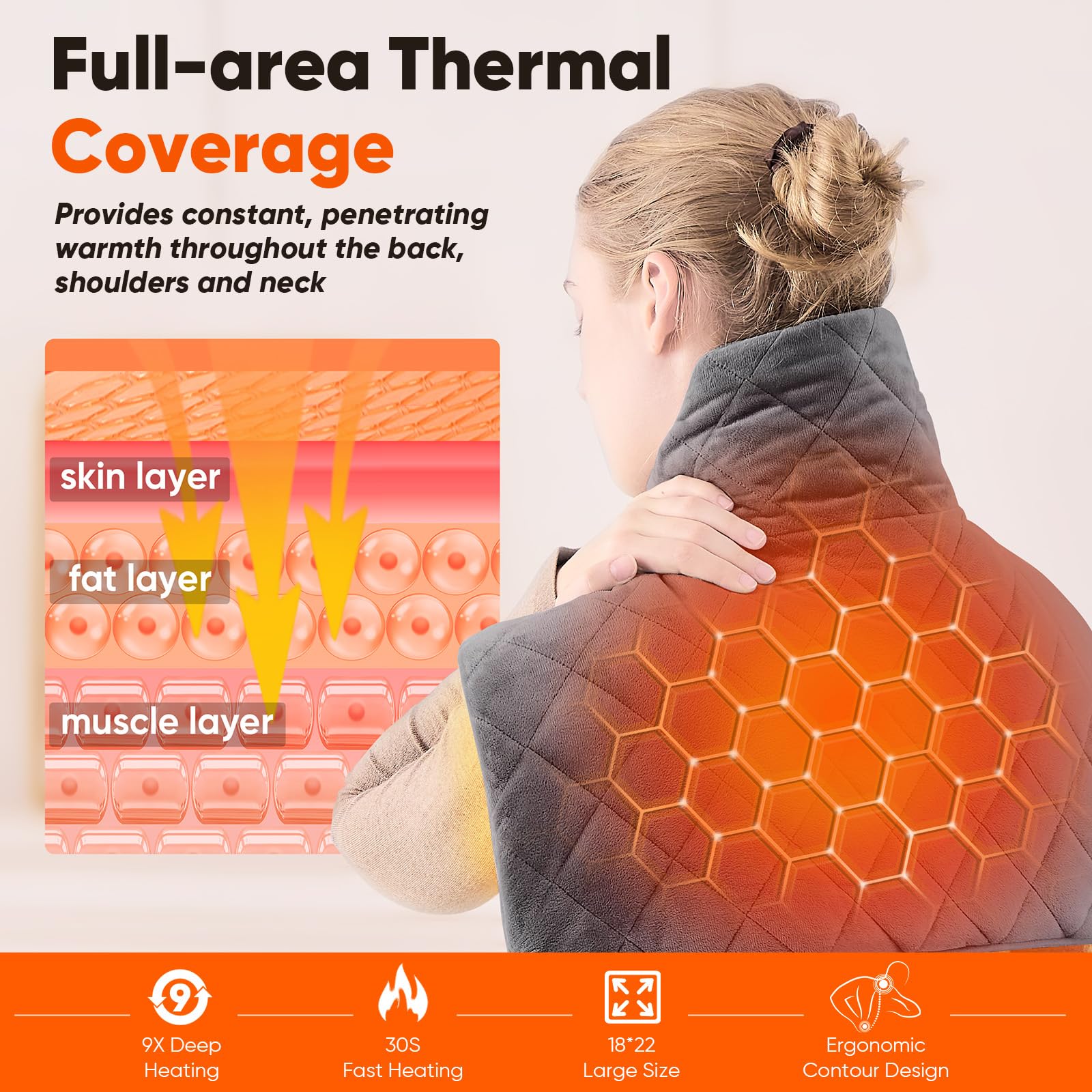 OCTROT weighted heating pad on the back providing full coverage warmth and relaxation.
