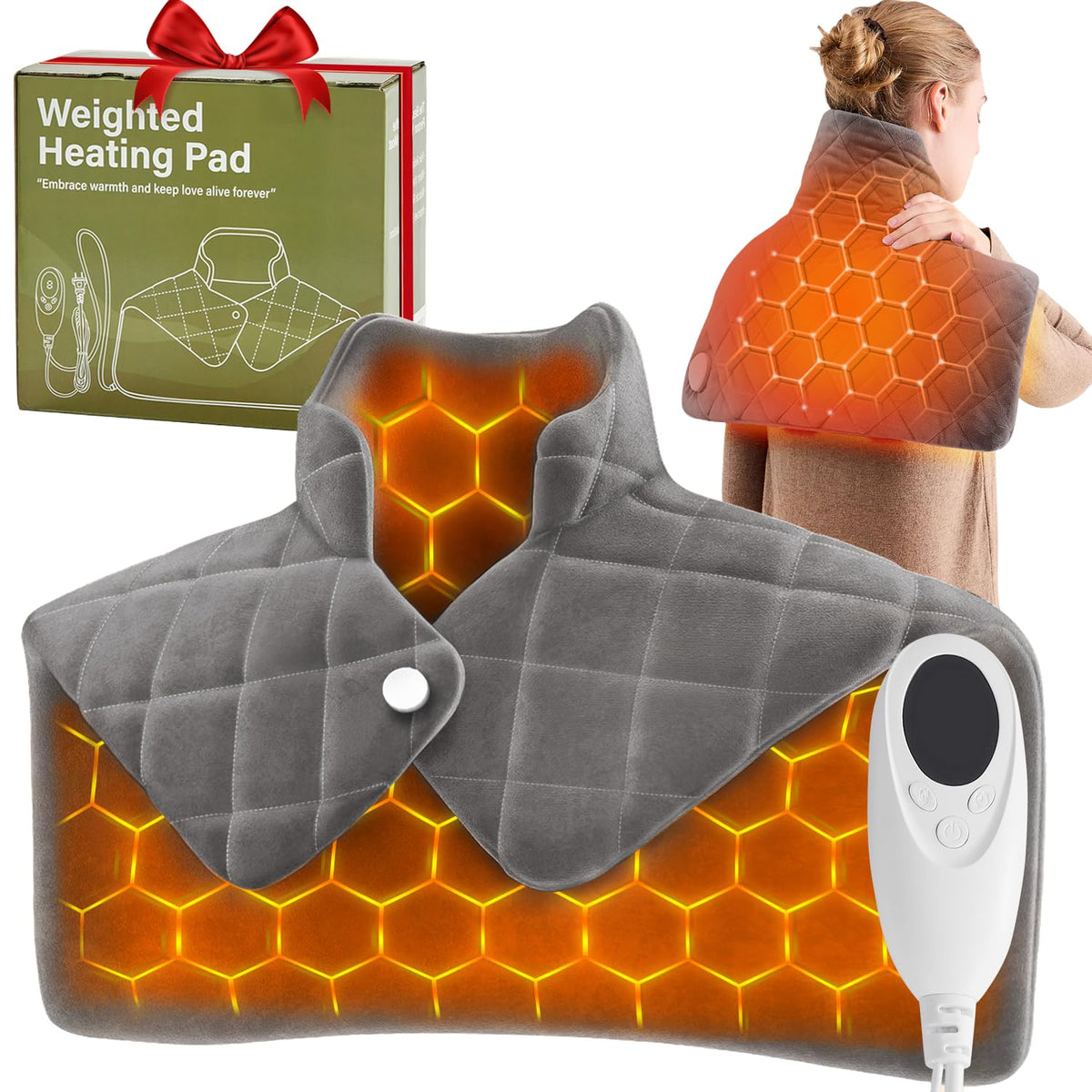 OCTROT weighted heating pad on shoulders with even coverage for comfortable warmth.
