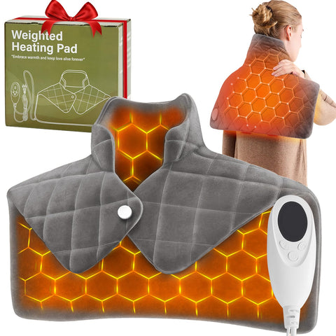 OCTROT weighted heating pad on shoulders with even coverage for comfortable warmth.