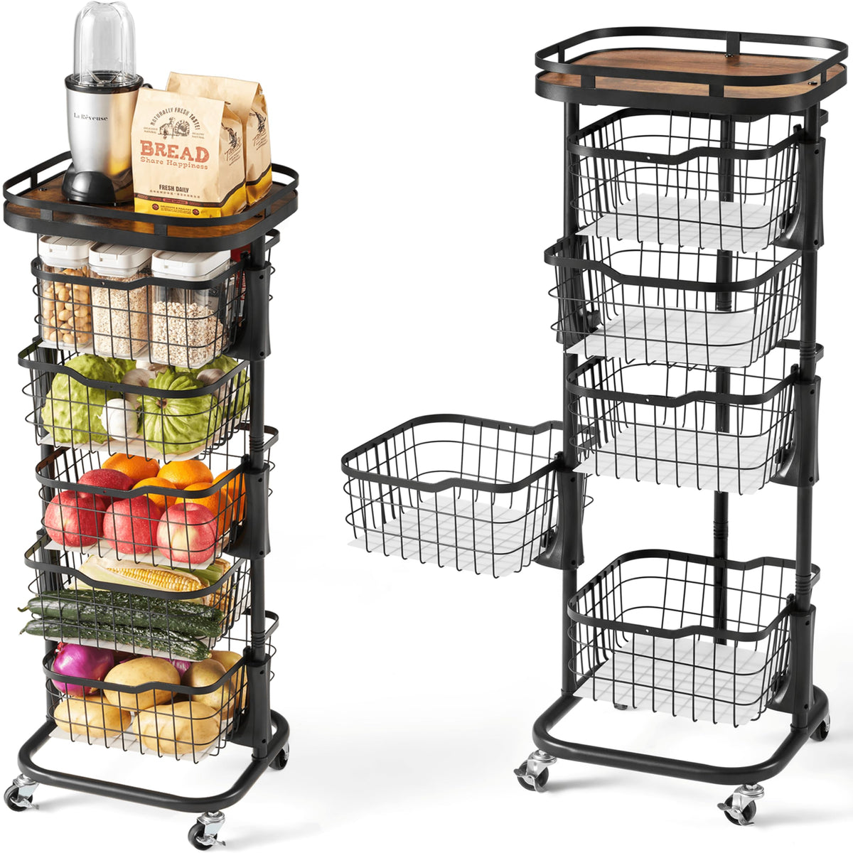 Ocyfym 5-tier cart with rotating baskets for organized kitchen storage.