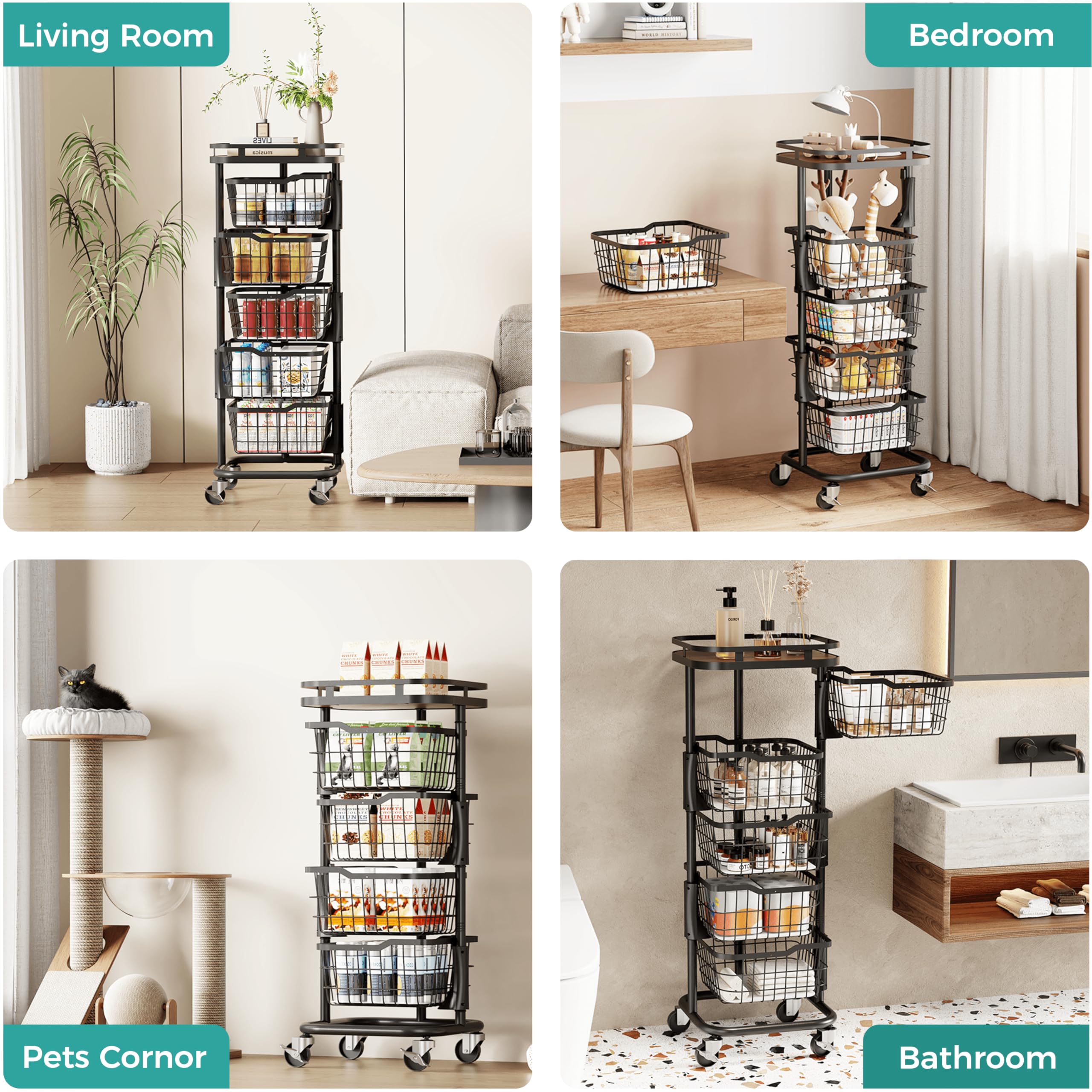 Ocyfym top shelf storage on the rolling cart holding small items.