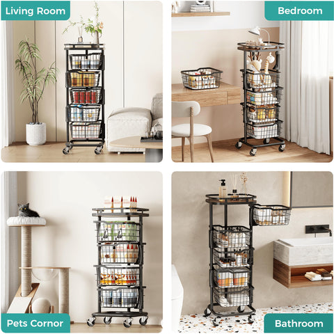 Ocyfym top shelf storage on the rolling cart holding small items.