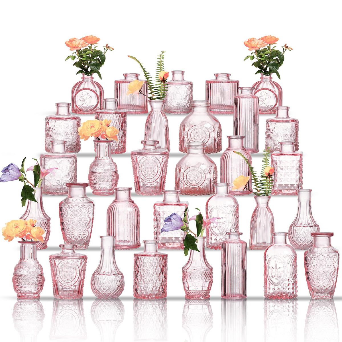 ODBCYWM glass bud vases in pink, assorted shapes for elegant wedding centerpieces.