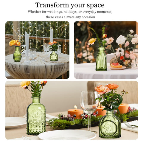 ODBCYWM green crystal mini vase shown with a small bouquet for tabletops.
