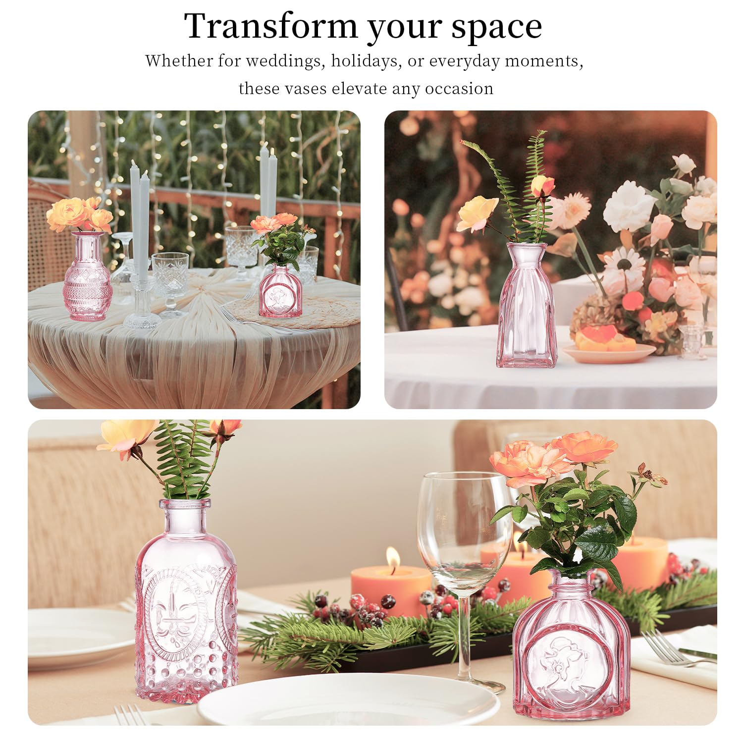 ODBCYWM mini pink vases on display as stylish table centerpieces.