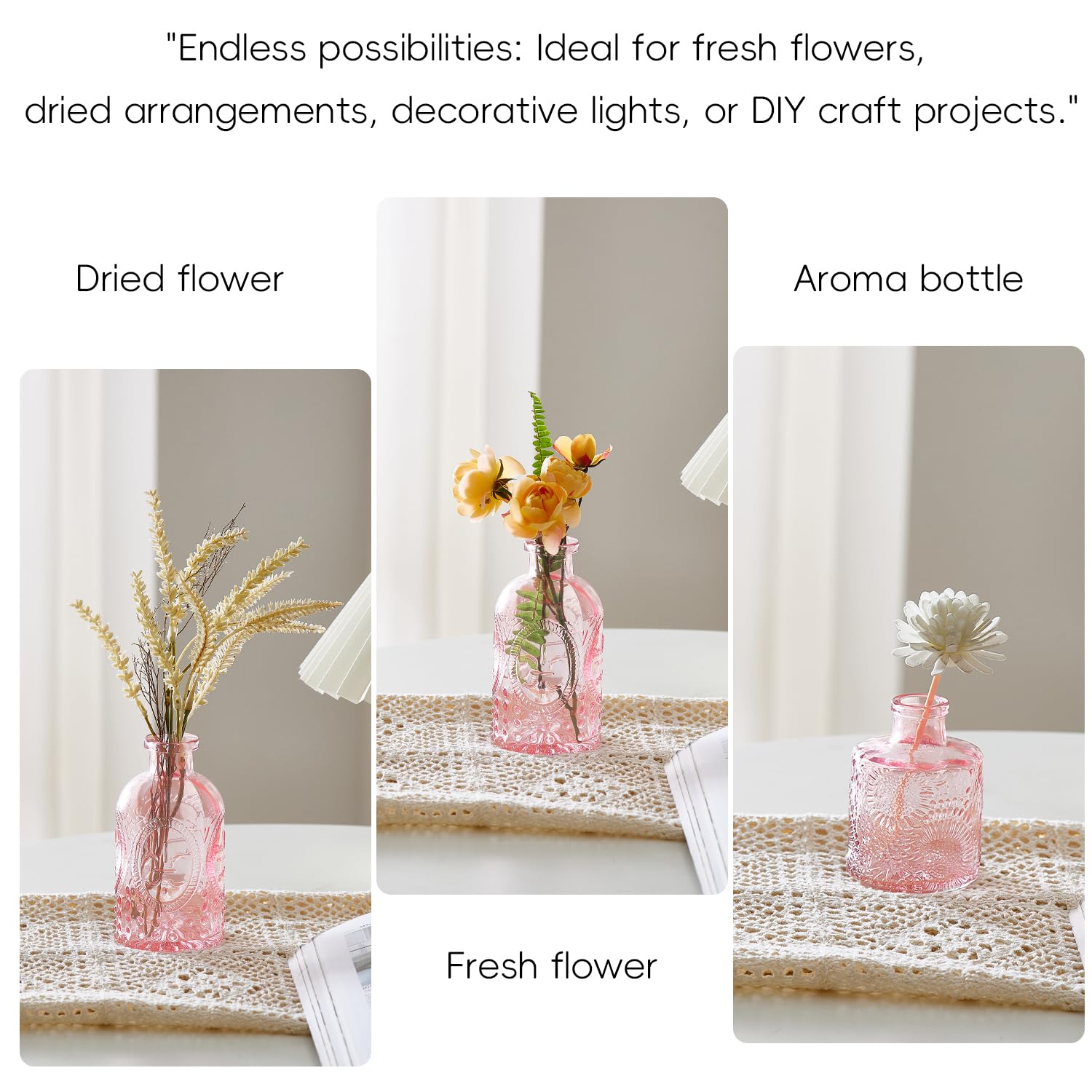 ODBCYWM pink bud vases for dried flowers and single stems.
