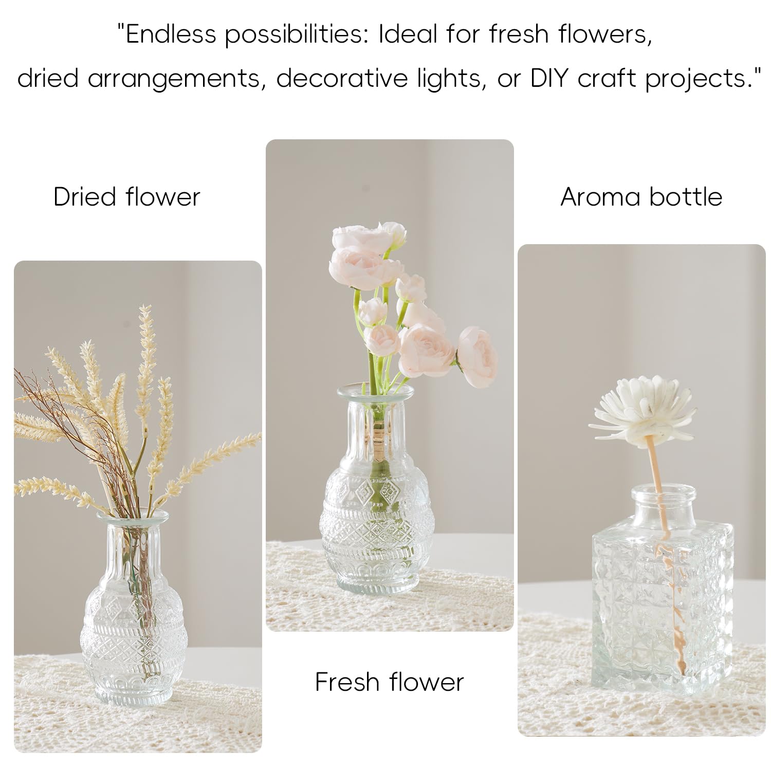 ODBCYWM compact vases ideal for roses, daisies, and pampas.