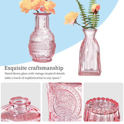ODBCYWM vintage pink glass bud vases set for romantic décor.