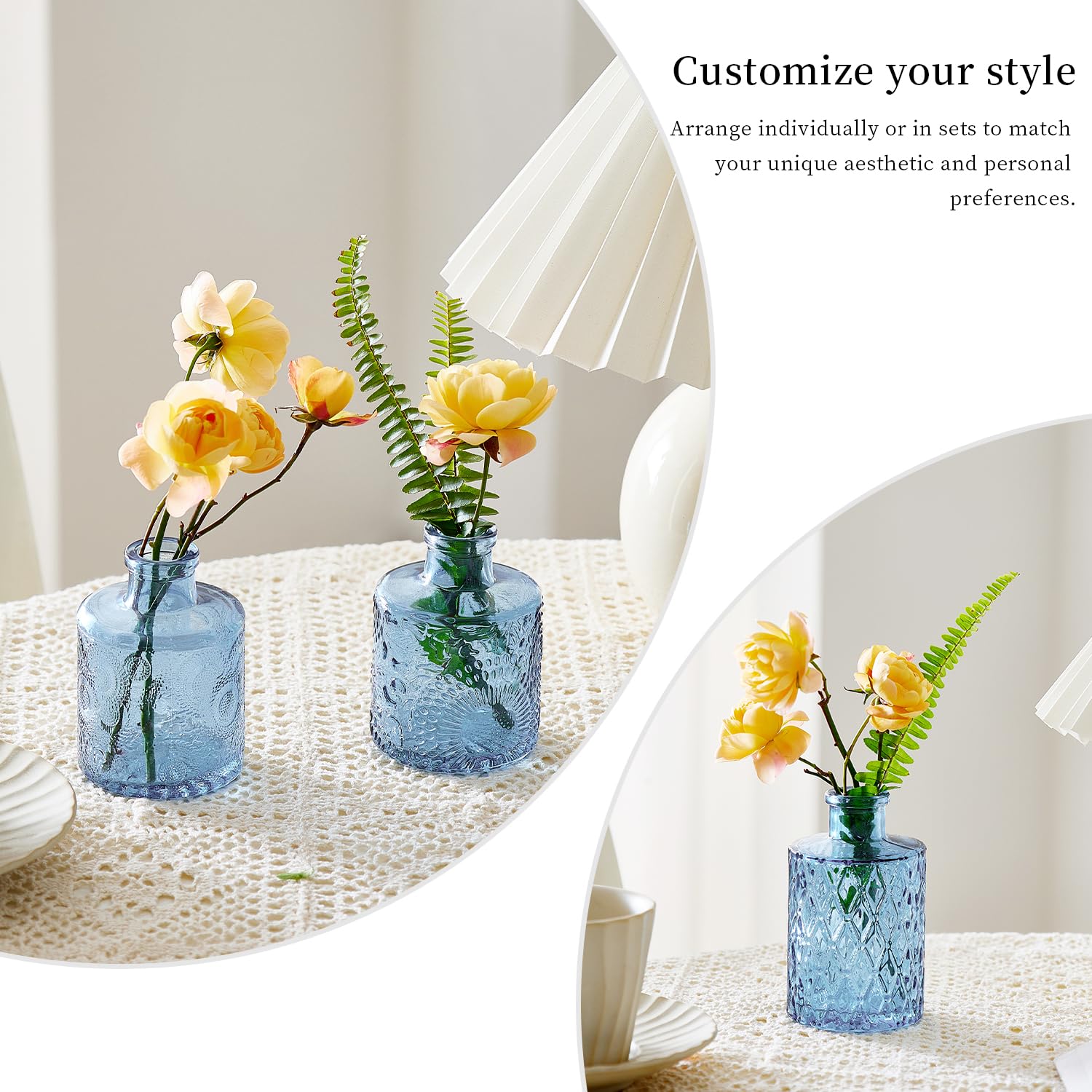 ODBCYWM dried flower display using compact blue bud vases.