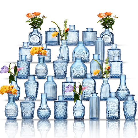 ODBCYWM glass bud vases set 32 blue varied shapes for elegant centerpieces.