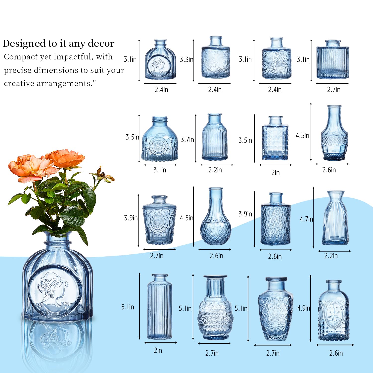 ODBCYWM home table decor with blue glass bud vases on shelf.