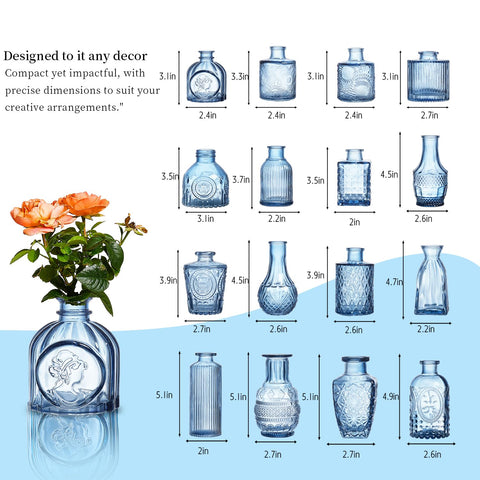 ODBCYWM home table decor with blue glass bud vases on shelf.
