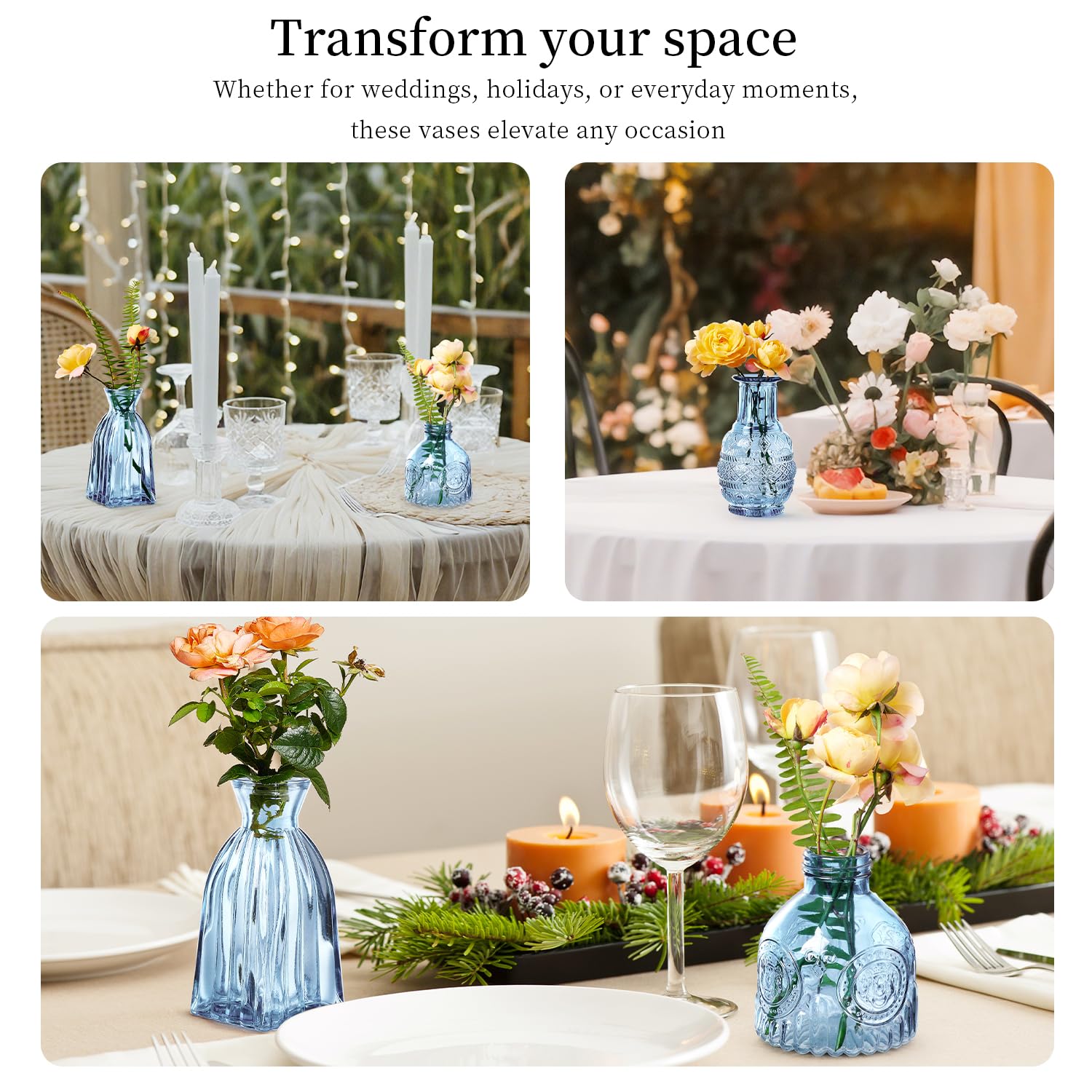 ODBCYWM vintage glass vase collection shown for table décor and events.