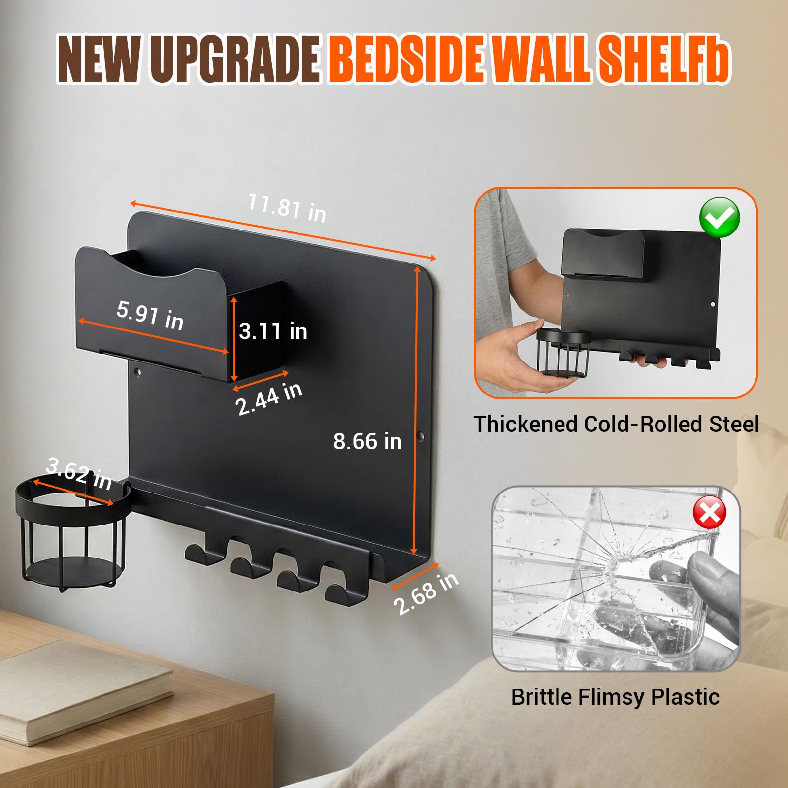 ODCPN bedside wall organizer mounted for damage-free dorm walls