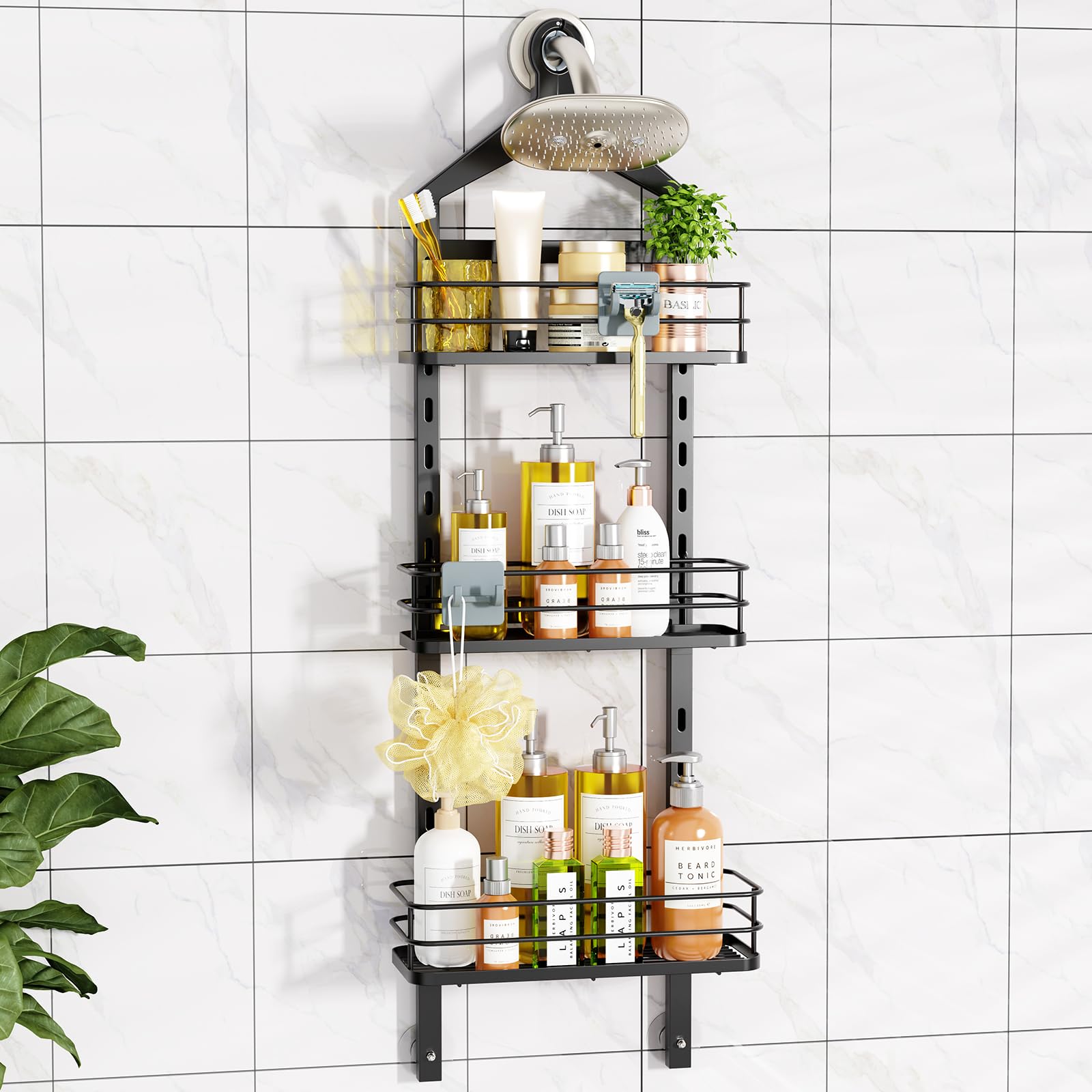 ODesign 3-tier shower caddy front view with large bottle storage.
