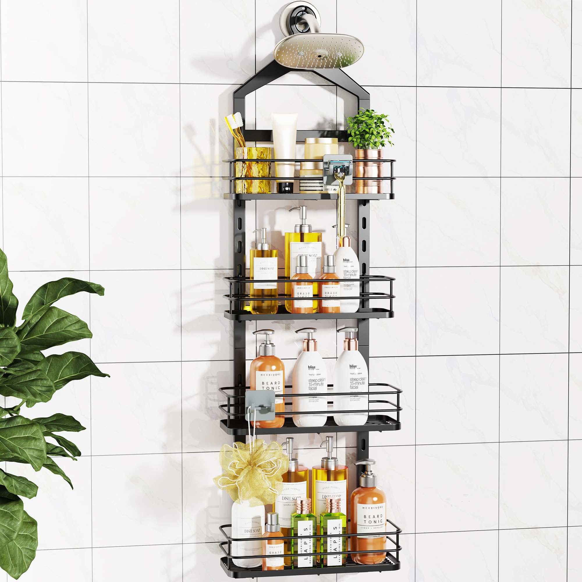 ODesign 4-tier shower caddy over the shower head keeps shampoo and soap within reach.