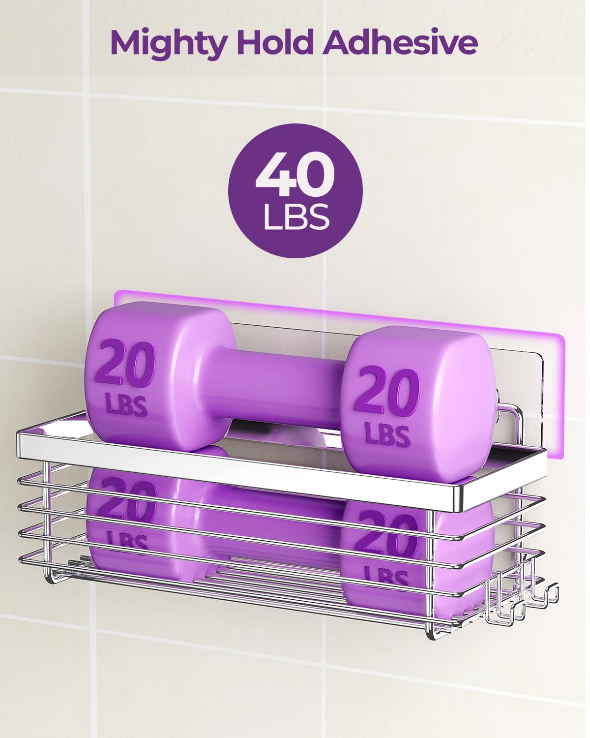 ODesign adhesive wall-mount system highlights quick adhesion for bathroom organization.
