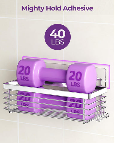 ODesign adhesive wall-mount system highlights quick adhesion for bathroom organization.