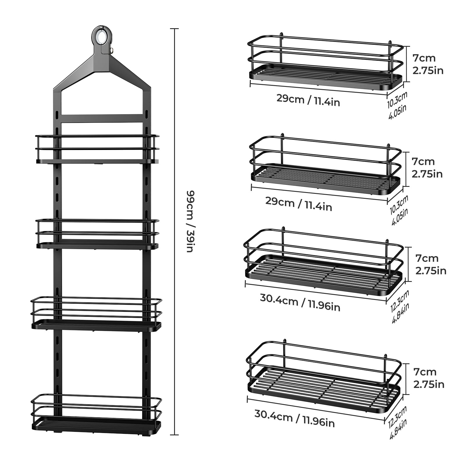 ODesign black finish shower caddy adds sleek bathroom style.