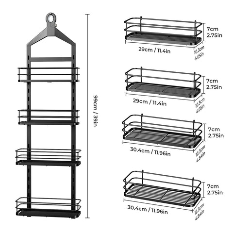 ODesign black finish shower caddy adds sleek bathroom style.