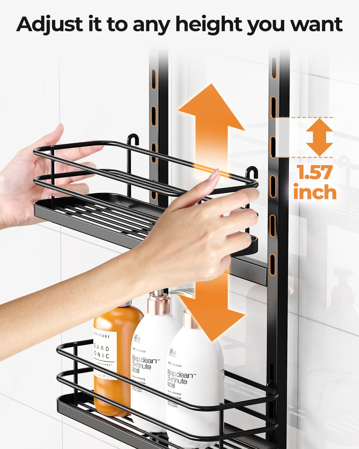 ODesign rubberized shower head grip supports the shelf from above.