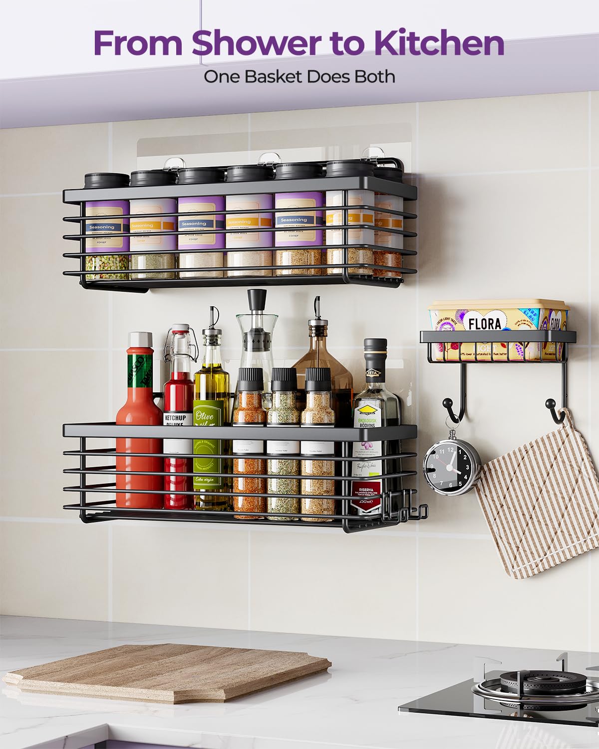 ODesign bathroom organizer shown holding shampoo and conditioner bottles.