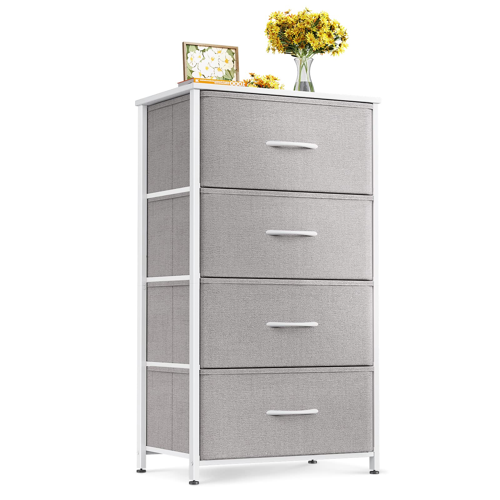 ODK dresser with four fabric drawers and wood top for compact bedrooms.